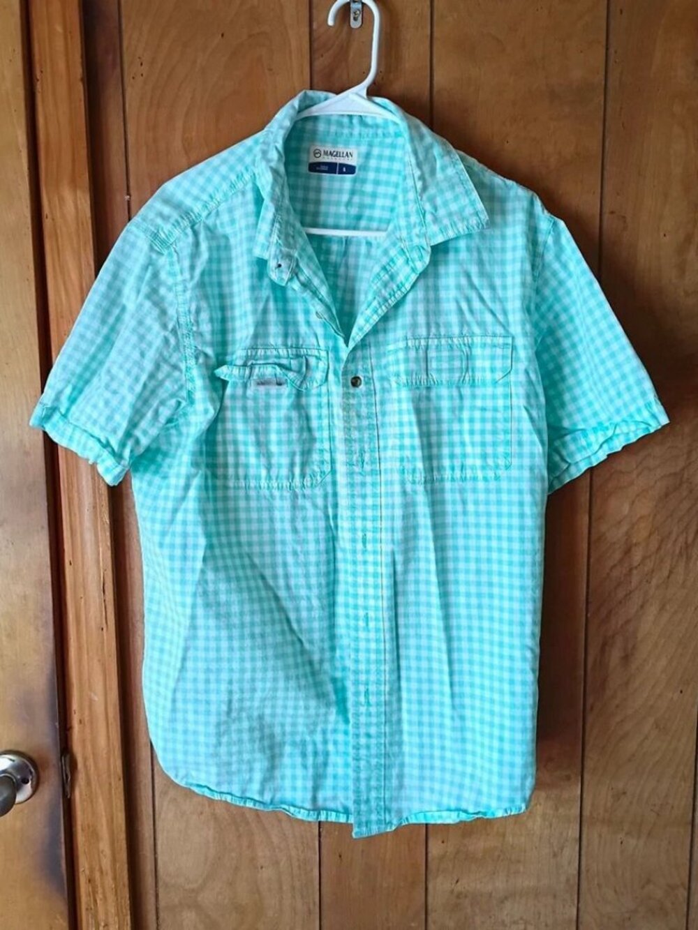 Magellan Outdoors Men's L Green White Gingham Check Short Sleeve Fishing Shirt